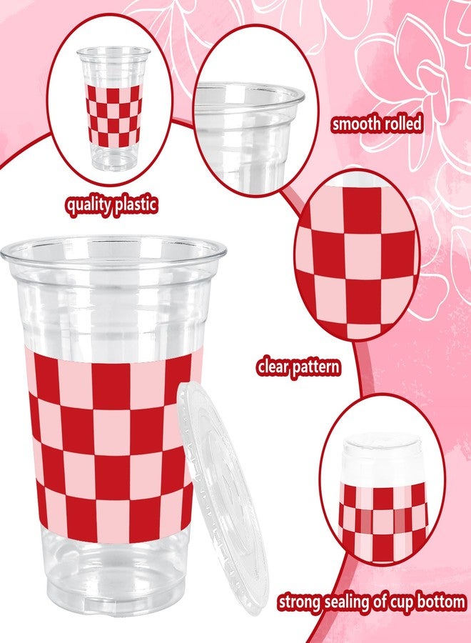 JarThenaAMCS 50Pcs Valentine's Day Plastic Cups with Lids Straws Drinking Cup 12oz Pink Red Checkered Heart Disposable Cups for Wedding Anniversary Valentine Party - Image 3